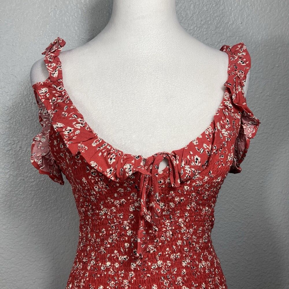 Y2K Smocked Mini Sun Dress XS Ruffle Strap Bodycon Red Cottage Boho Country - Picture 3 of 12
